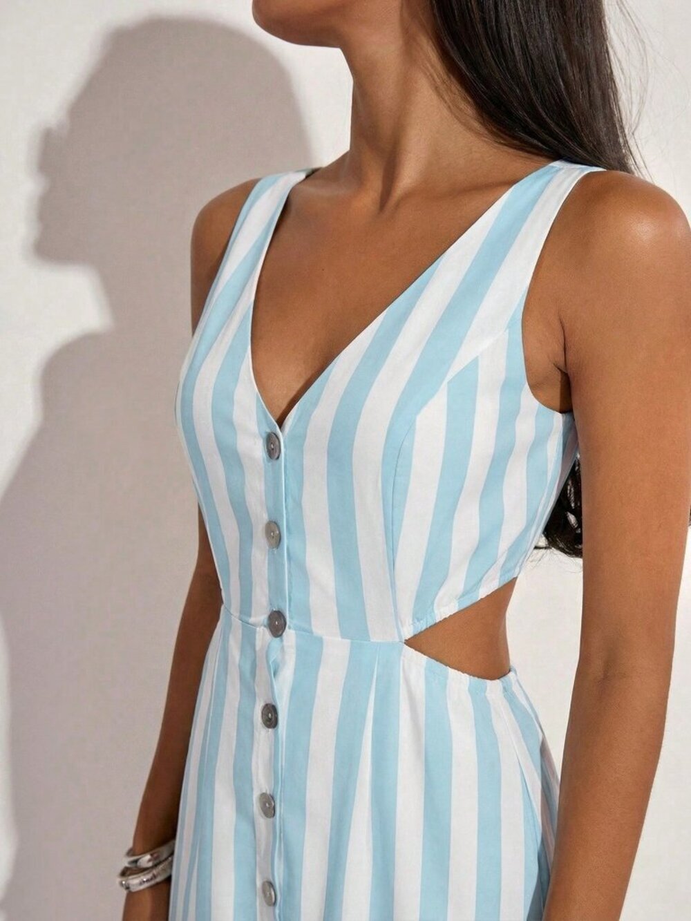 Casual Women's & Striped V-Neck Button detailed Waist Hollow Back Maxi Dress - Picture 6 of 6